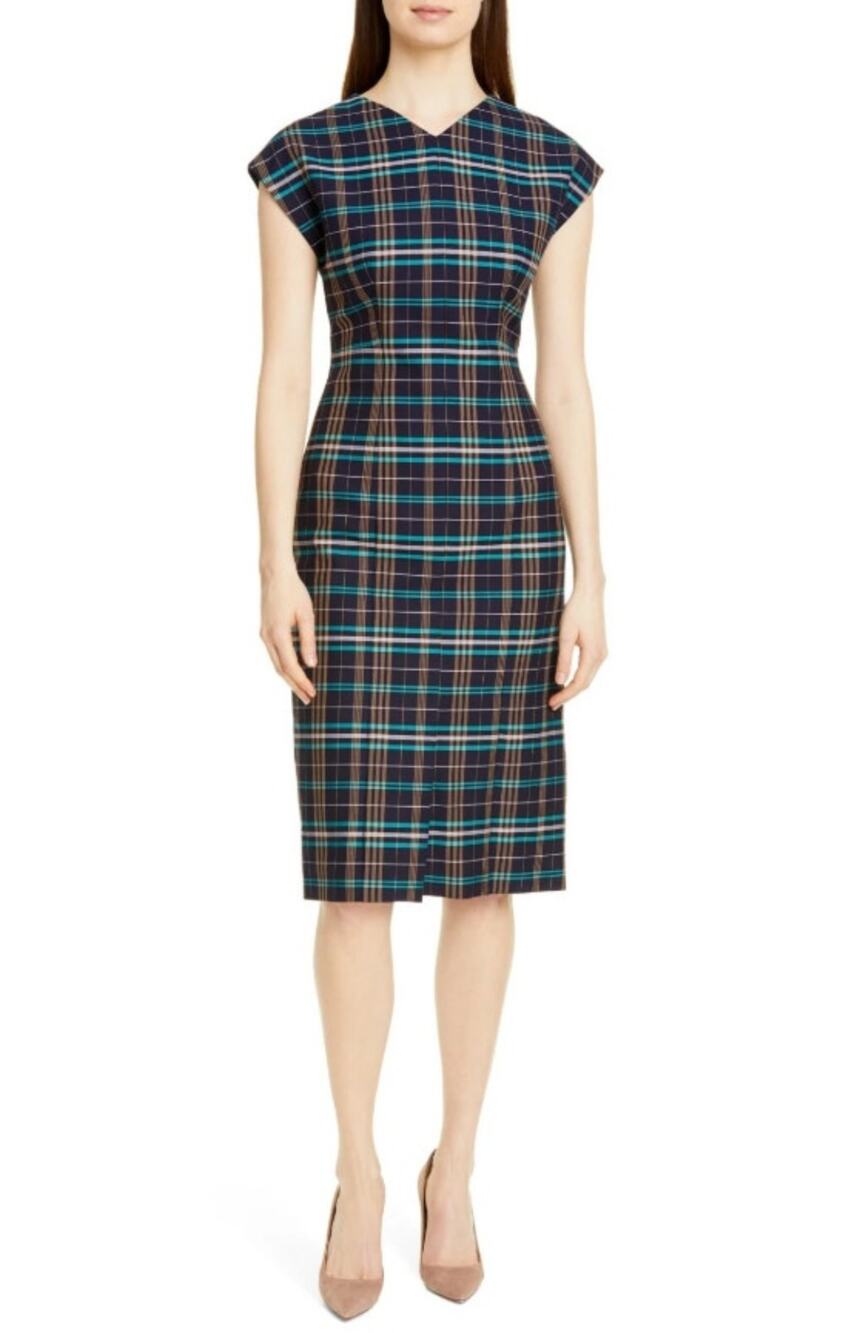 BOSS Hugo Boss Daela Plaid Stretch Cotton Sheath Dress Navy Teal Corporate Chic
